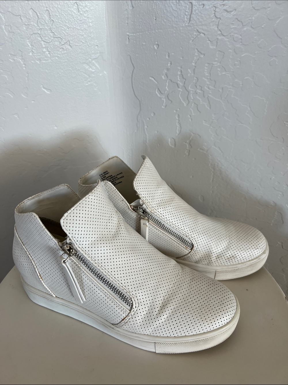 Steve Madden White Perforated Leather Zip-Front Sneakers-hidden wedge